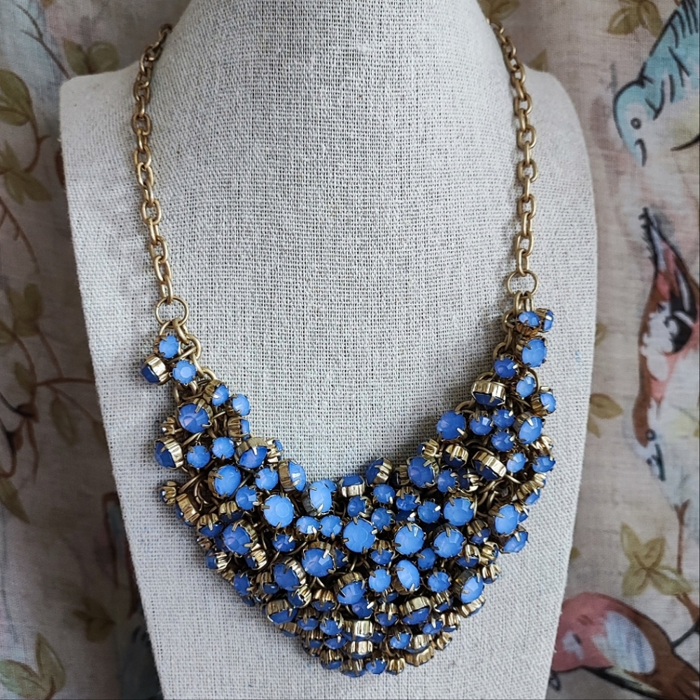 Vintage Periwinkle Blue Cha Cha Faceted Glass Beaded Chainmaillle Necklace Brass
